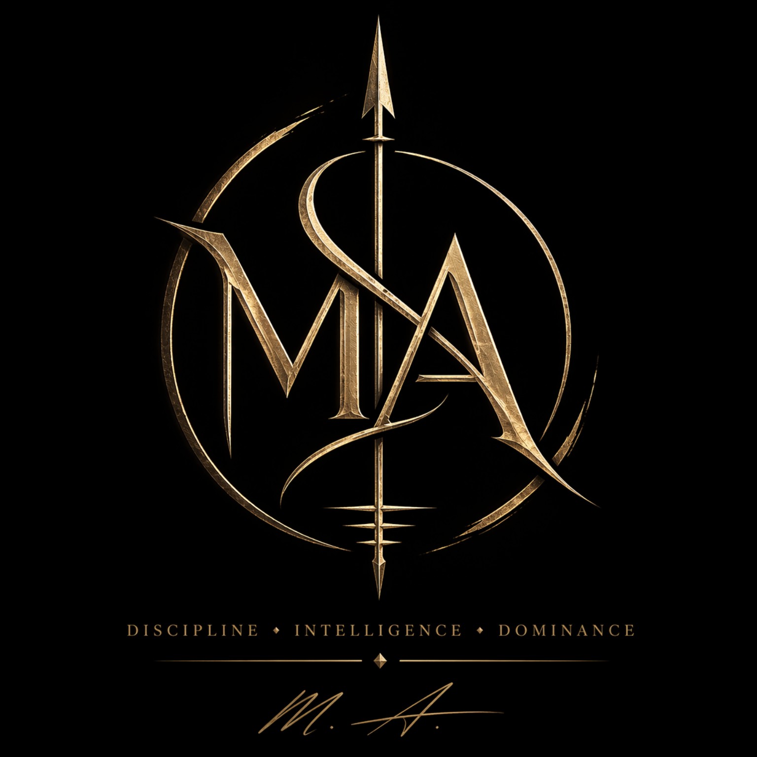 MASTFORGE gold MA spear emblem with the words Discipline, Intelligence, Dominance